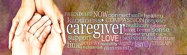Hands holding with caregiver-related words overlay.