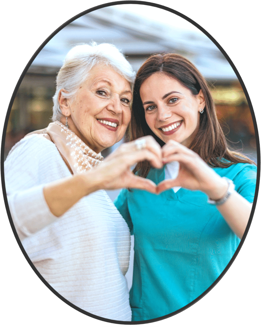 Smiling women forming heart shape with hands.